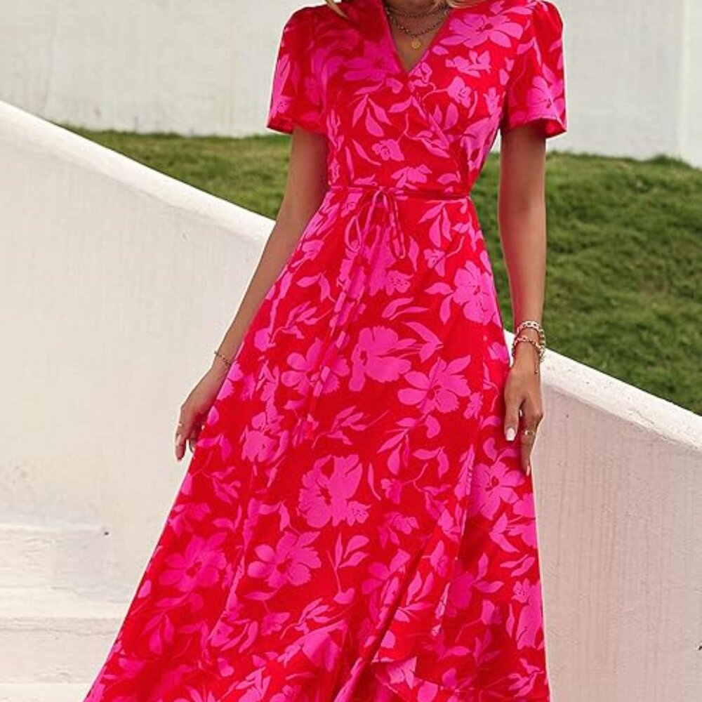 PRETTYGARDEN Maxi Wrap Dress | XL | Pink Floral